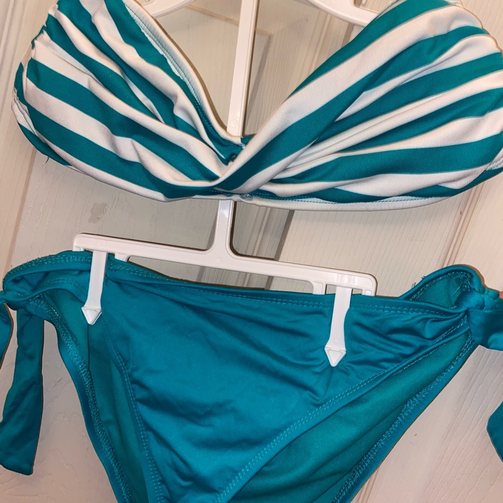 Teal& white bandeau bathing suit set